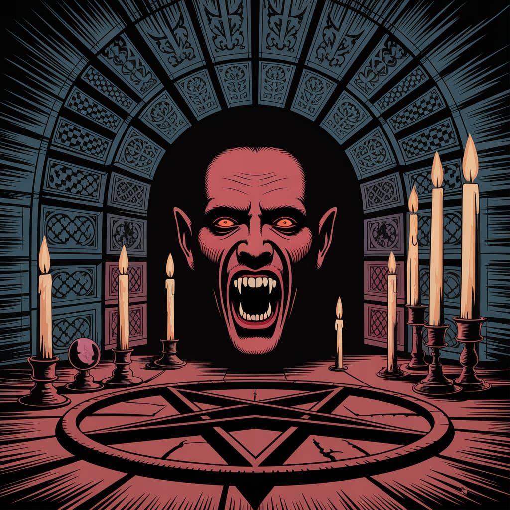 Demonic Face Emerging from Shadowy Alcove with Satanic Altar