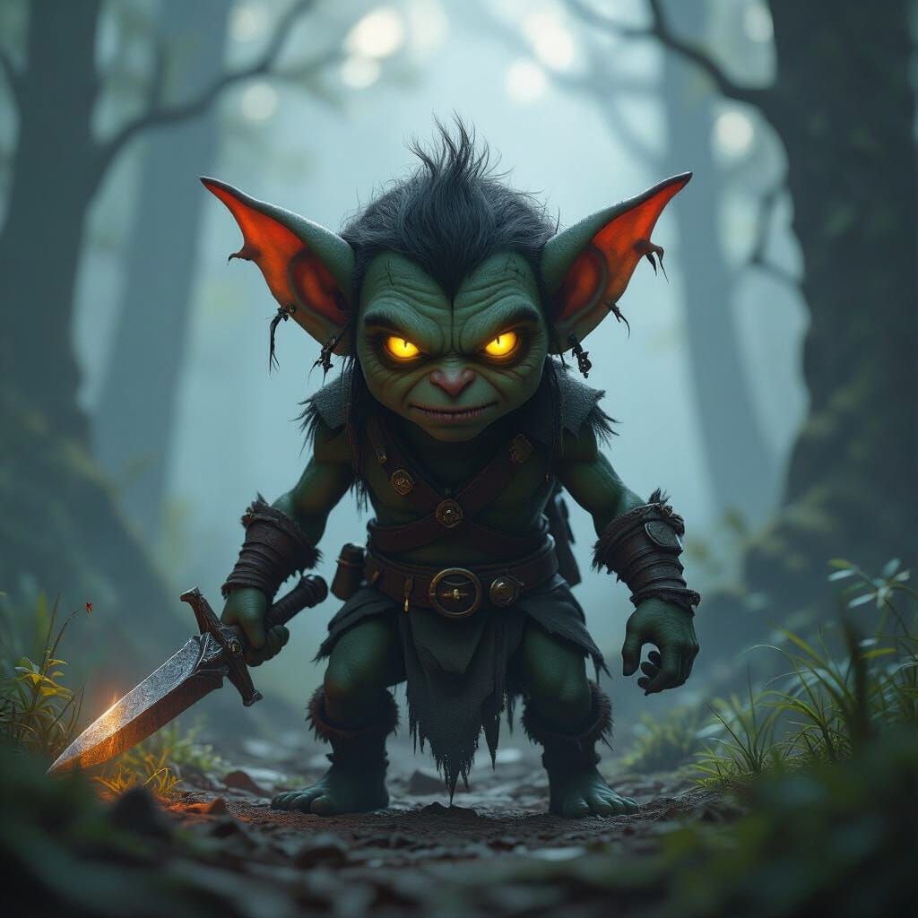 Dark Fantasy Goblin in Misty Forest with Glowing Eyes
