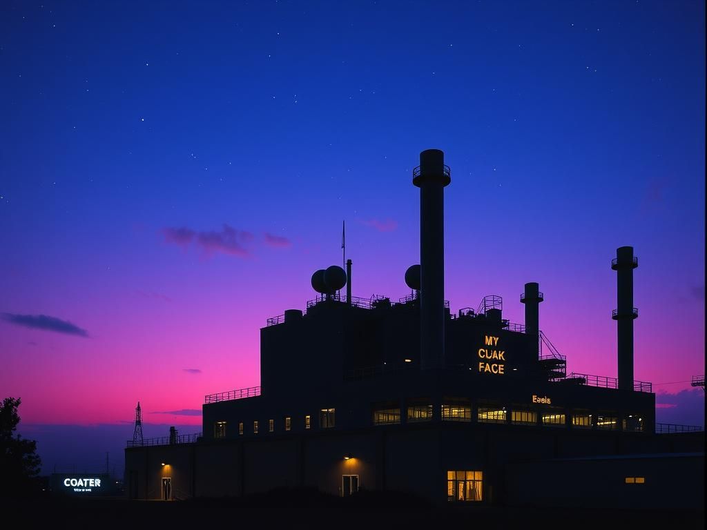 Retro-Futuristic Factory at Dusk in VHS Style