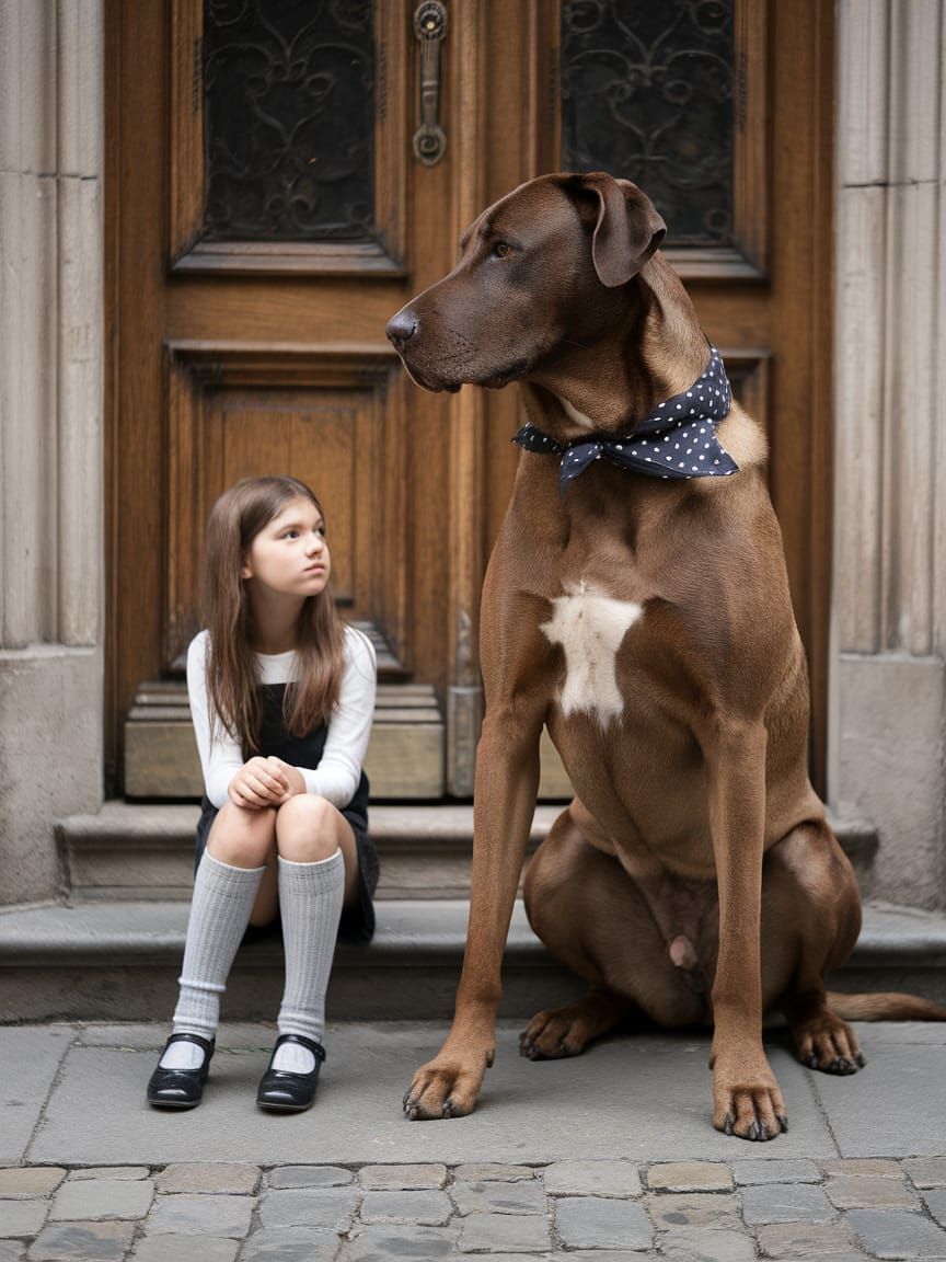 Girl and Large Dog in Urban Setting