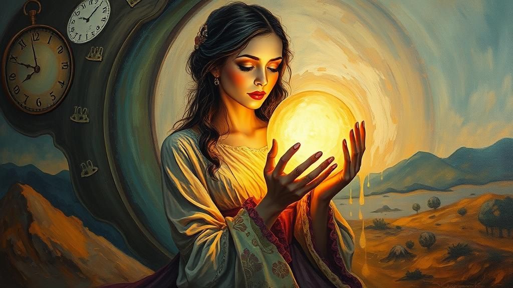 Melancholic Woman with Orb in Surreal Landscape