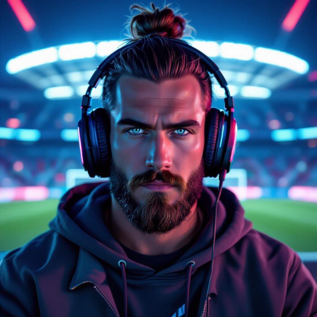 Soccer Gamer with Man Bun in Synthwave Style