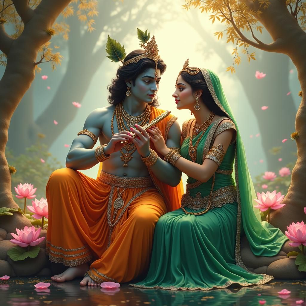 Krishna and Radha in Heavenly Garden of Dreams