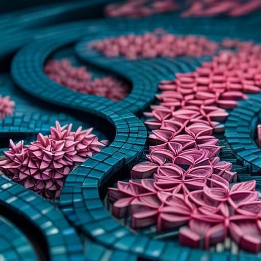 Spiraling Royal Blue Mosaic with Pink Floral Accents