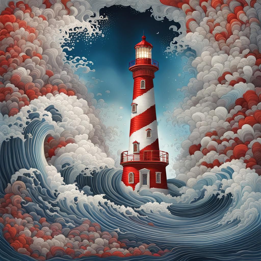 Lighthouse in Raging Sea: Raqib Shaw Illustration