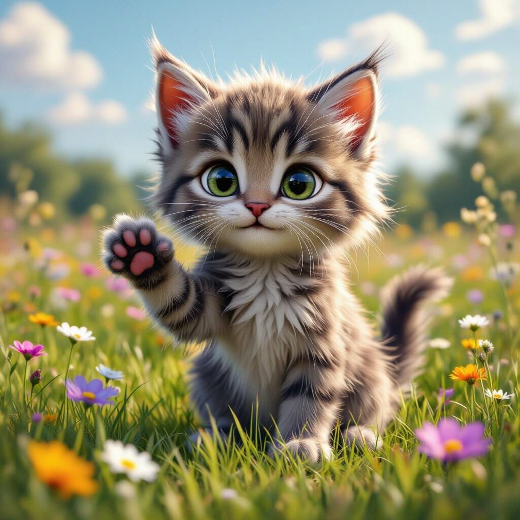 Adorable Hairy Kitten Waving in Wildflower Meadow: CGI Carto...