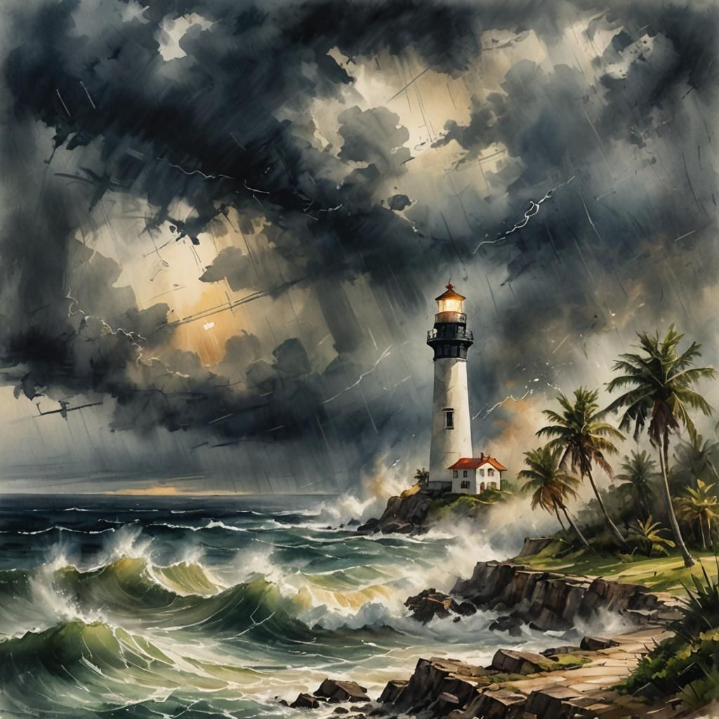 Stormy Seascape with Palm Trees in Watercolor Style
