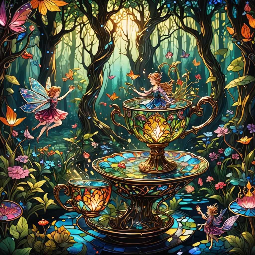 Magical Forest Scene Inside a Teacup, Stained Glass Art