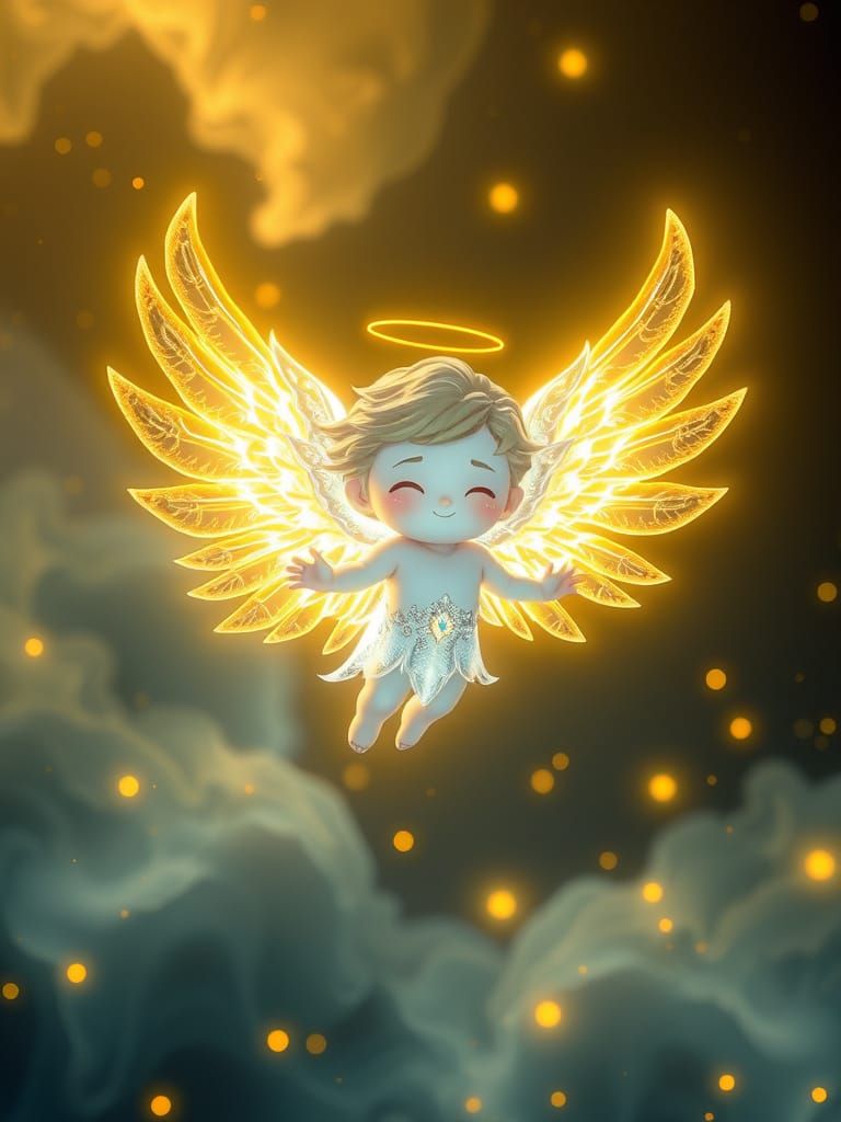 Chibi Archangel with Glowing Golden Wings in Alcohol Ink Sty...