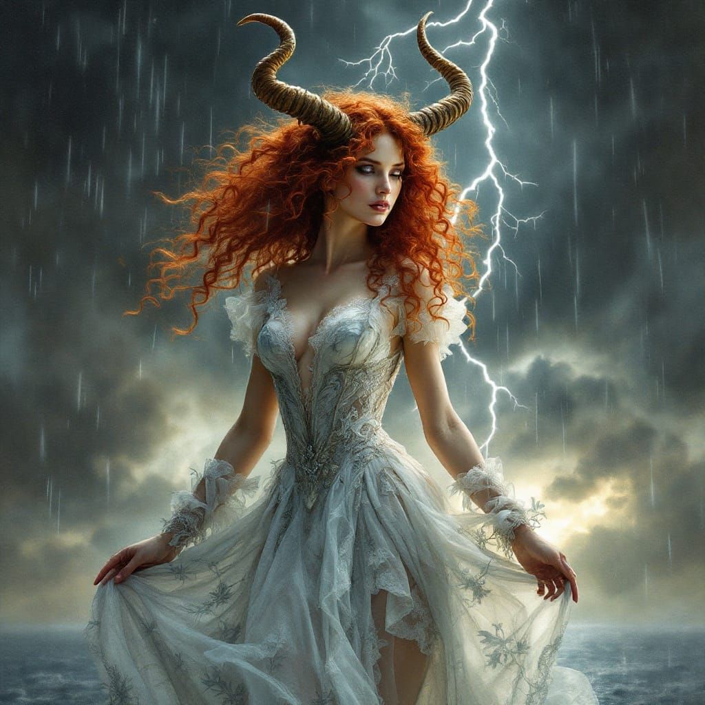 Majestic Watercolor Goddess in Stormy Pre-Raphaelite Gown