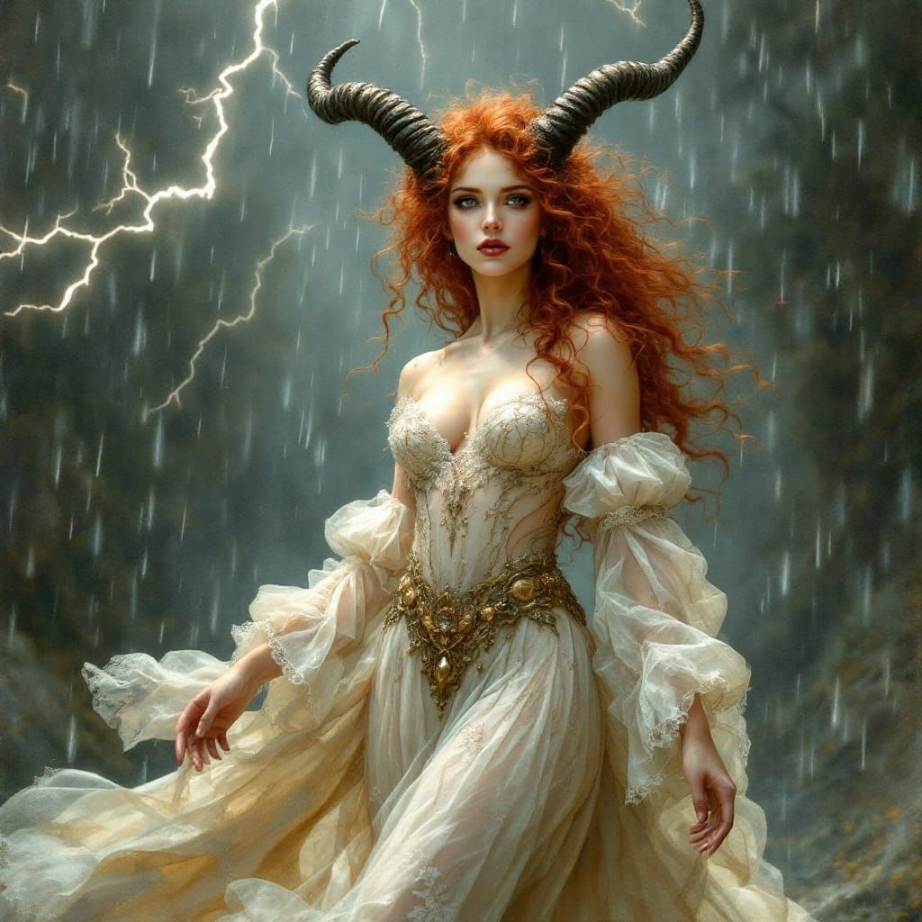 Majestic Pre-Raphaelite Goddess in Stormy Weather