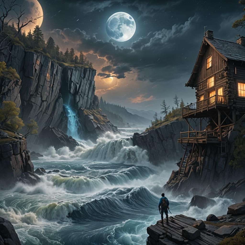Blue Moon Over Cliffside Cabin: Fantasy Concept Art