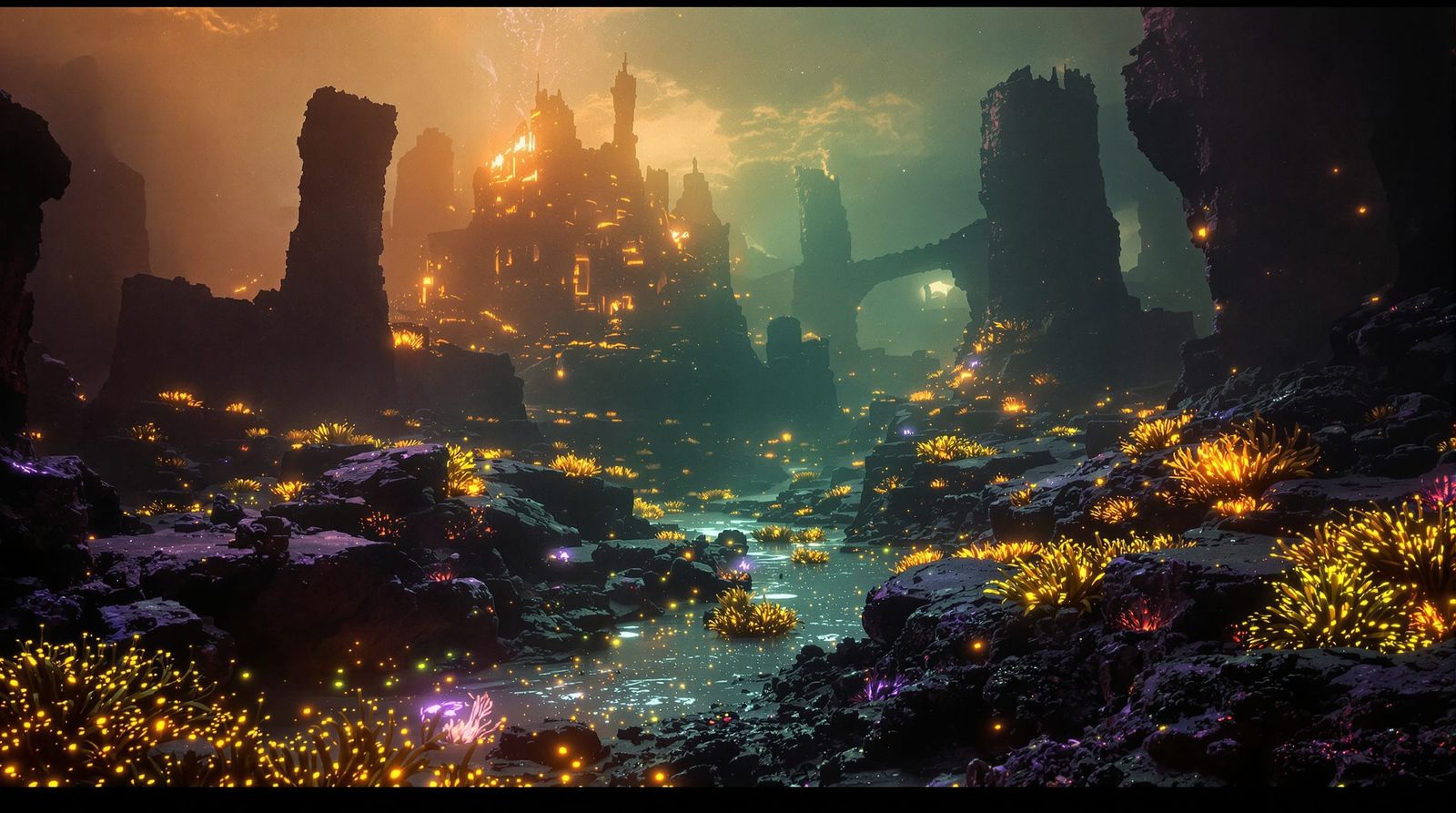 Sunken Alien City Bioluminescent Deep Sea Landscape