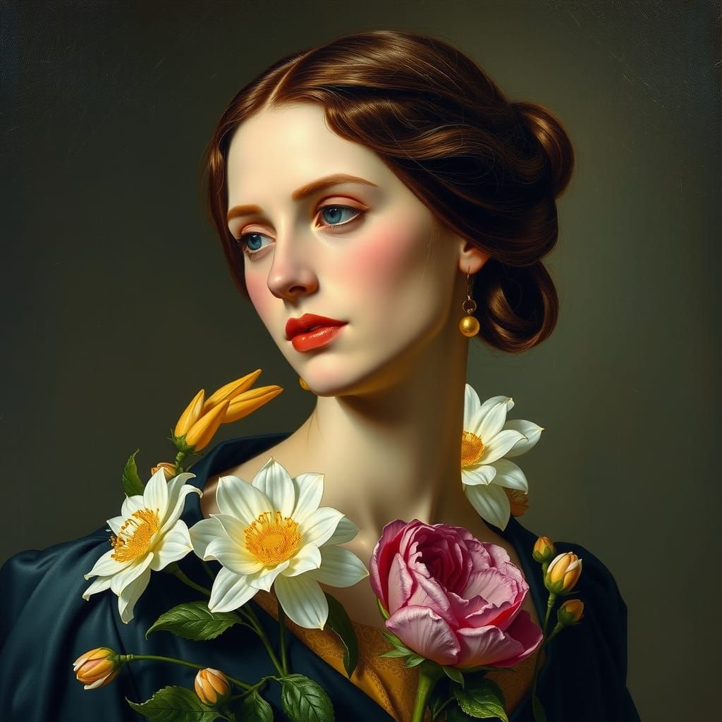 Elegant Portrait with Floral Still Life, Gouache and Waterco...