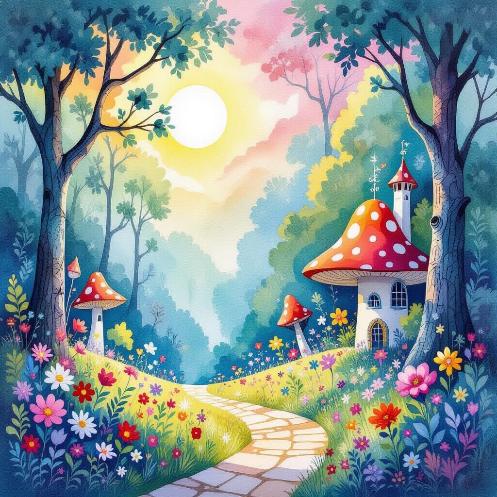 Surreal Watercolor Mushroom Inn with Ethereal Light
