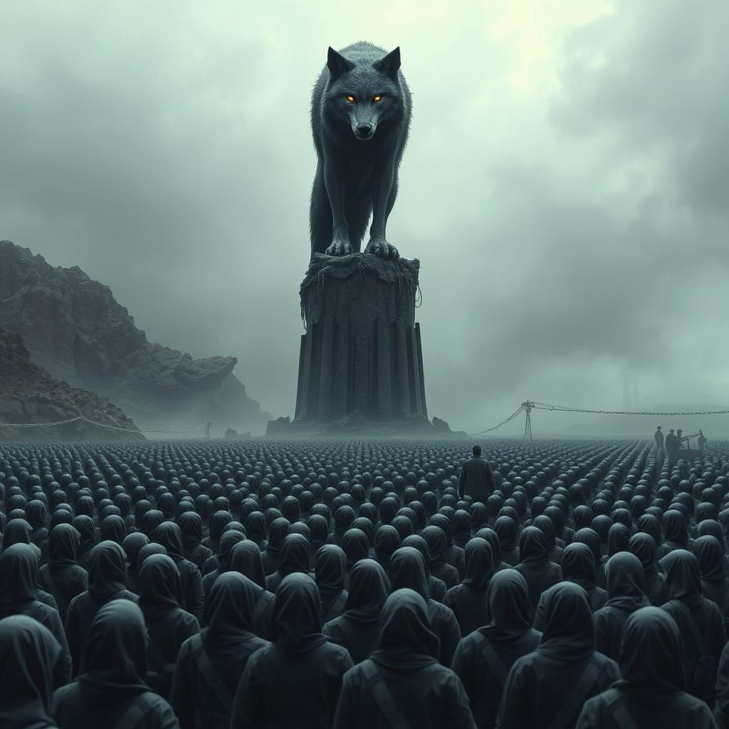 Dystopian Masses Idolize Colossal Wolf Figure