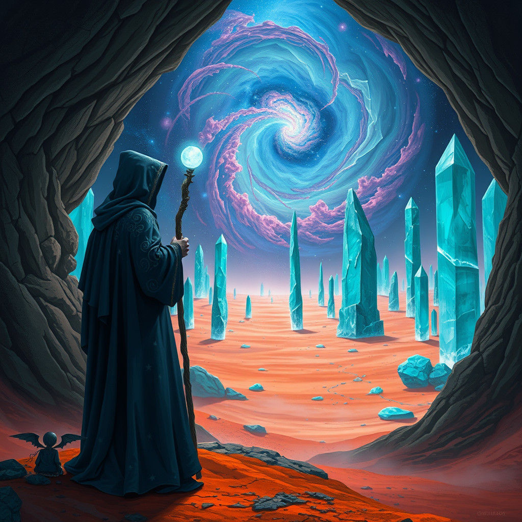 Wizard in Crystalline Landscape with Glowing Staff