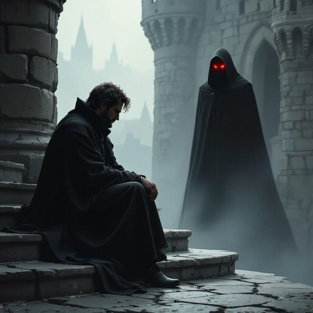 Mysterious Encounter on Castle Steps: Gothic Horror