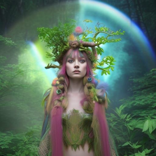 Rainbow Druid in Enchanted Forest Portrait