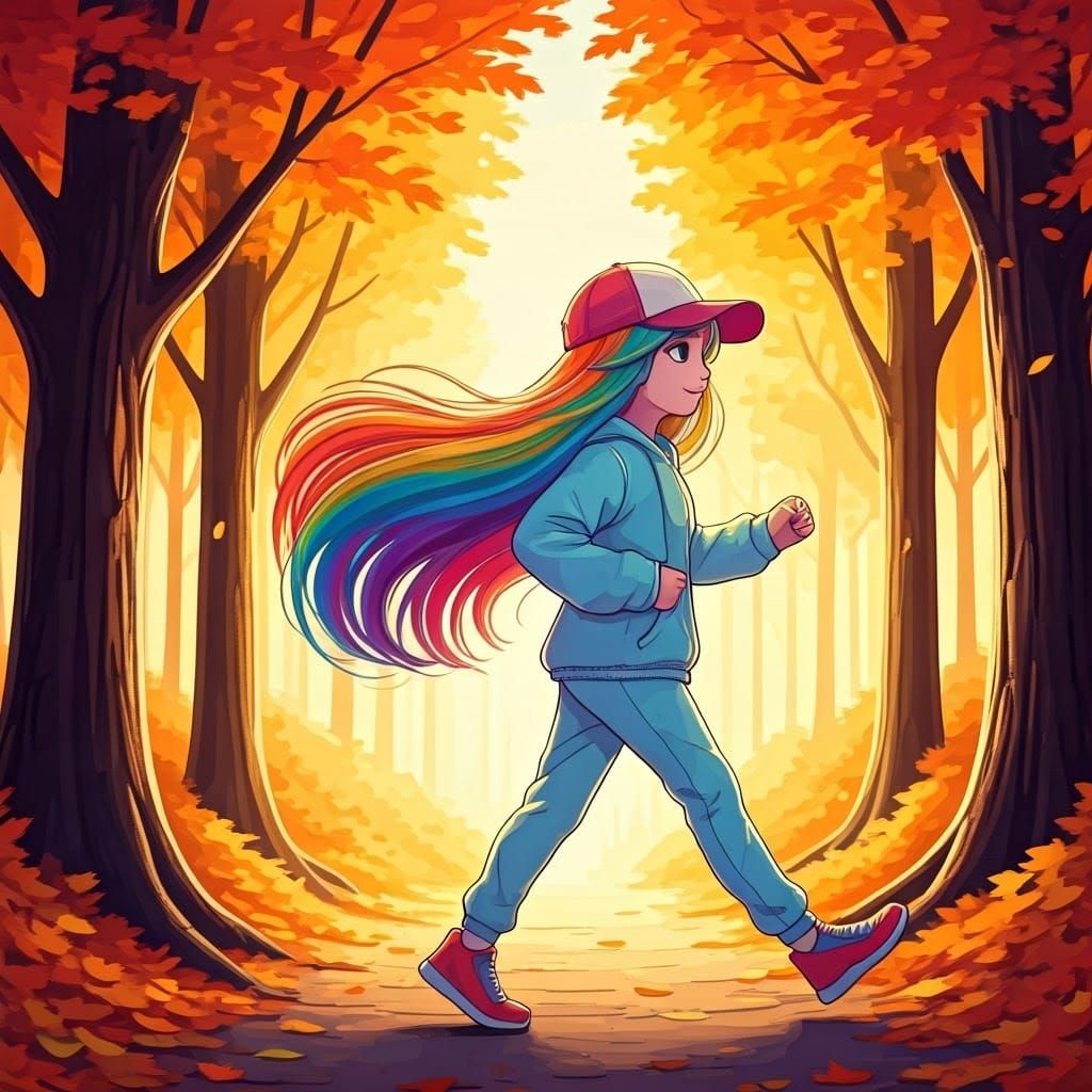 Rainbow-Haired Girl Running in Autumn Park Illustration