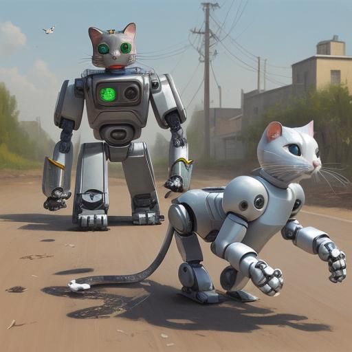 Robot Cats Chase Mice in Futuristic Style