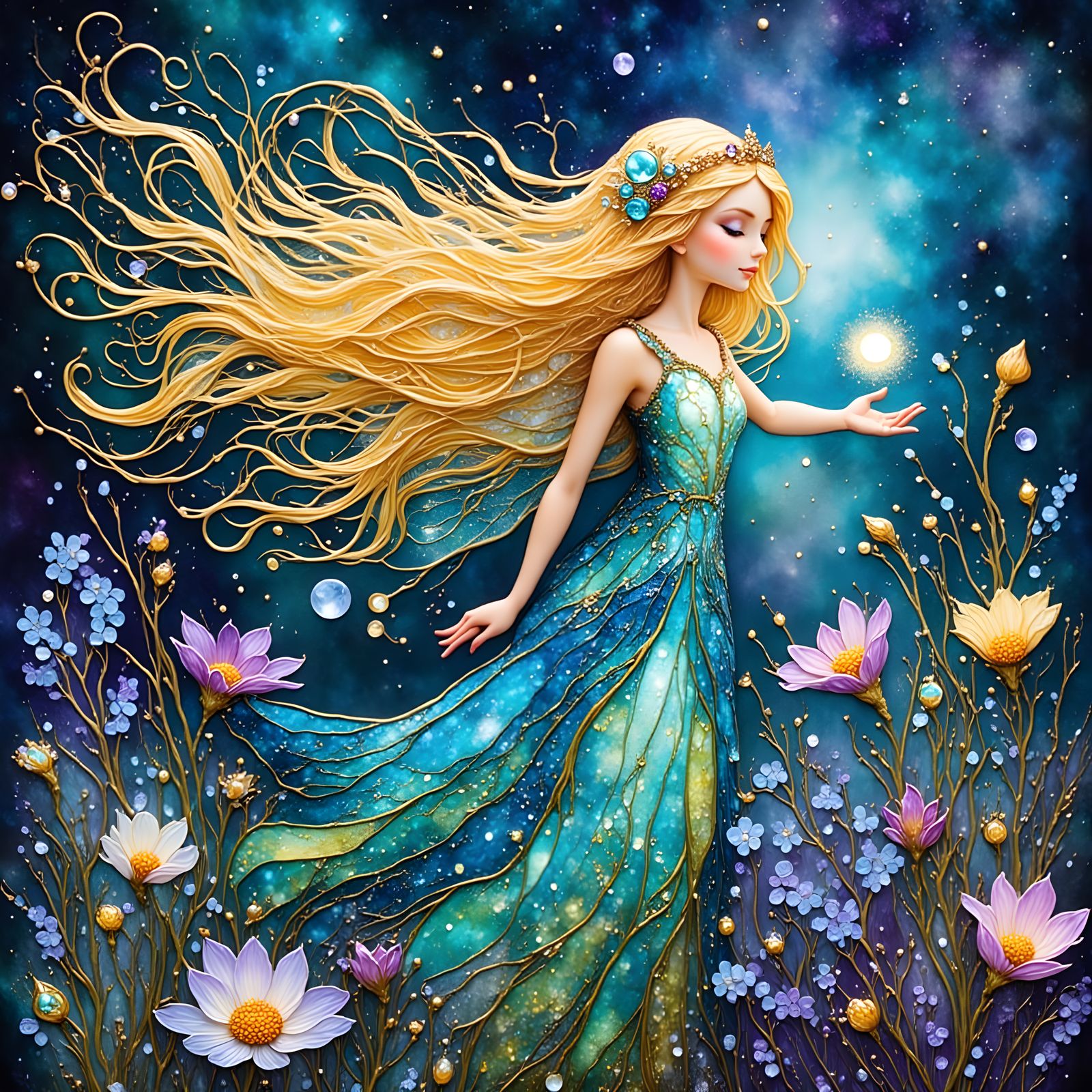Whimsical Fairy in Bioluminescent Flower Field