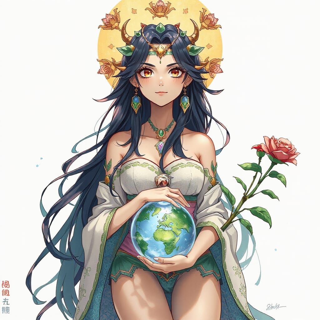 Serenely Vibrant Gaia Goddess in Anime Key Visual Style