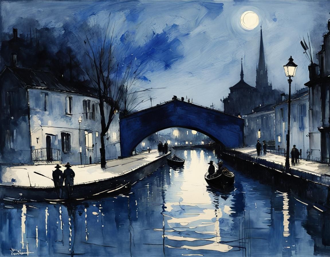 Moonlit Canal Scene in Watercolor Style