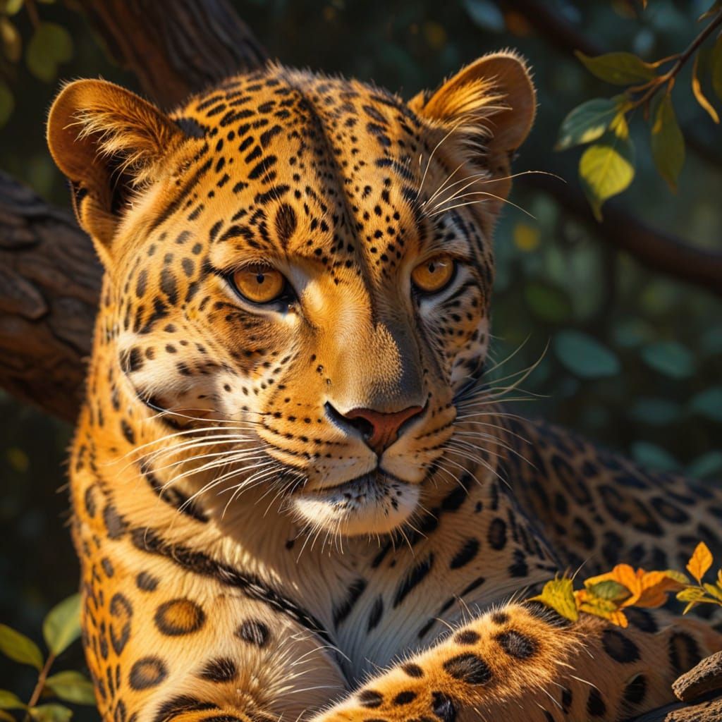 Leopard Sleeps on Branch: Oil Painting in Sunlight