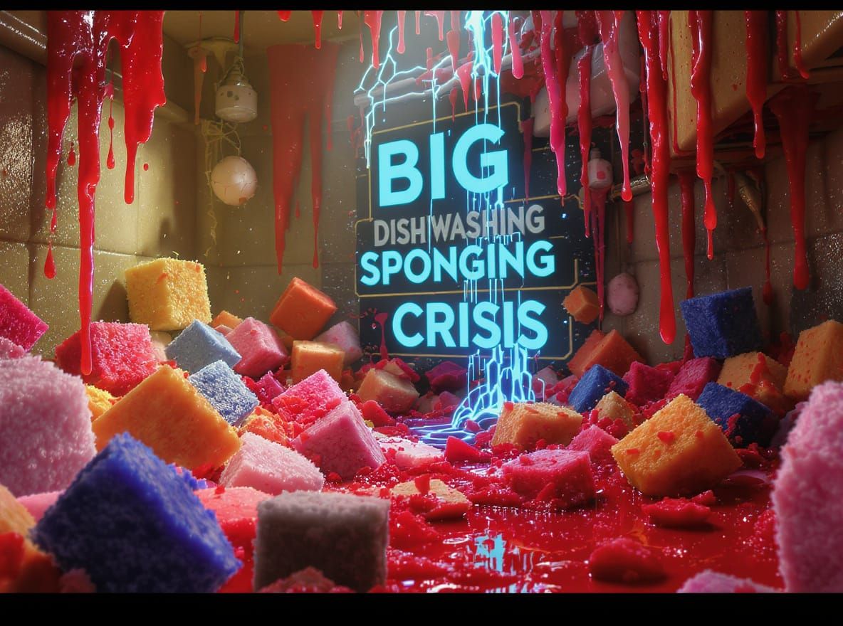 Dishwashing Sponge Crisis: Matte Painting of Kitchen Chaos