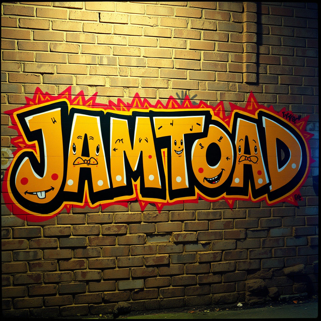 "JAMTOAD" vibrant graffiti piece with stylized lettering and characters, covering a brick wall