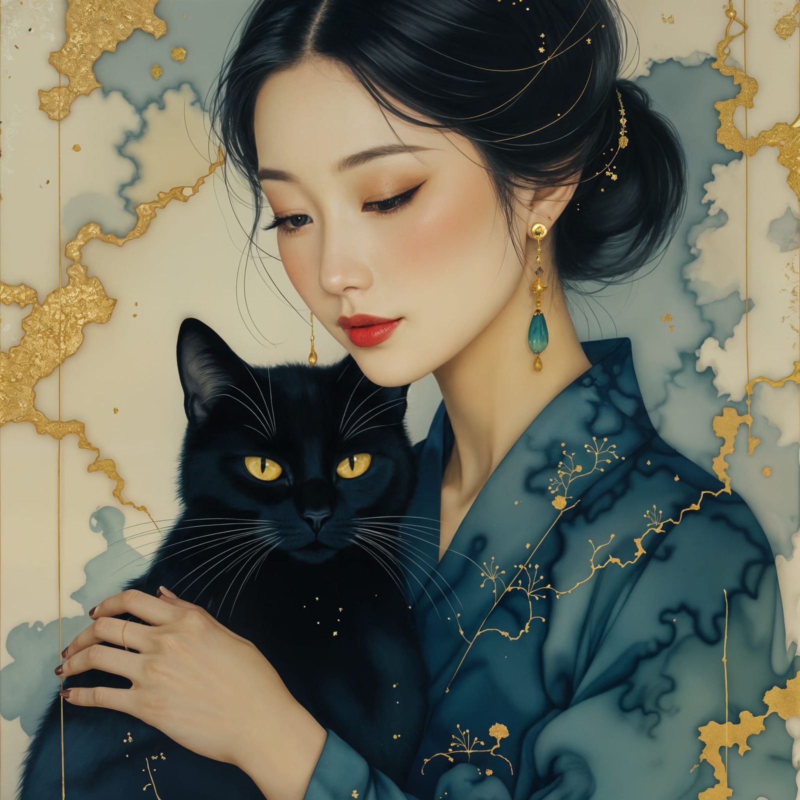 Minimalist Alcohol Ink Portrait with Gold Line Art