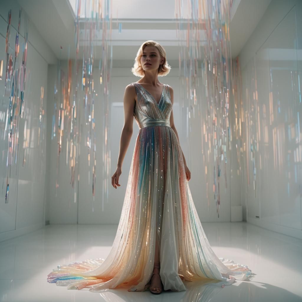 Rainbow Dress in Minimalist Room: Dreamlike Surrealism