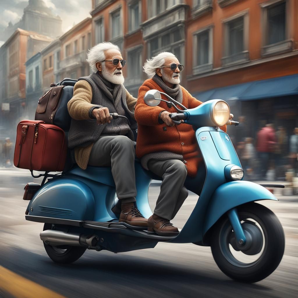 Senior Couple on Moped in City Street