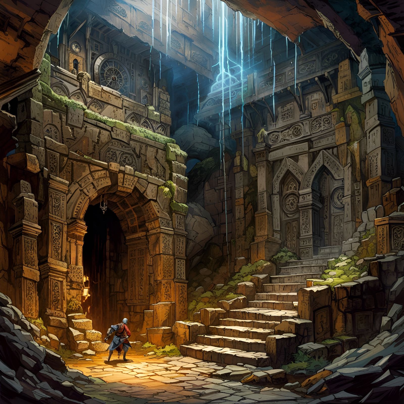 Adventurer Faces Magical Portal in Crumbling Dungeon