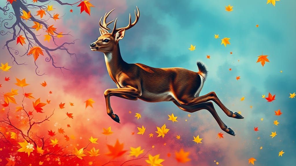 Majestic Autumn Fawn Leaping in Surreal Double Exposure