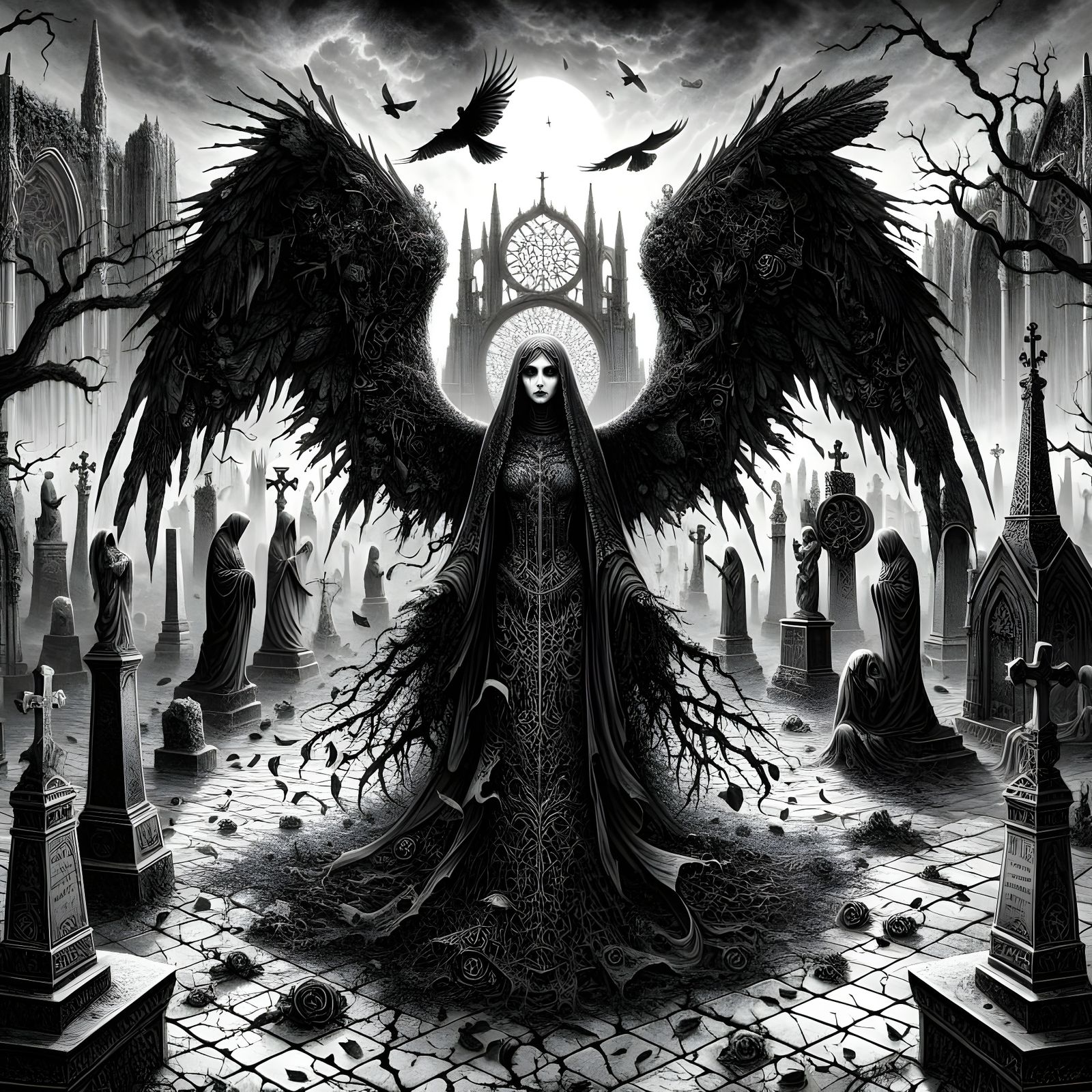 Gothic Angel of Death in a Haunting Cemetery Scene