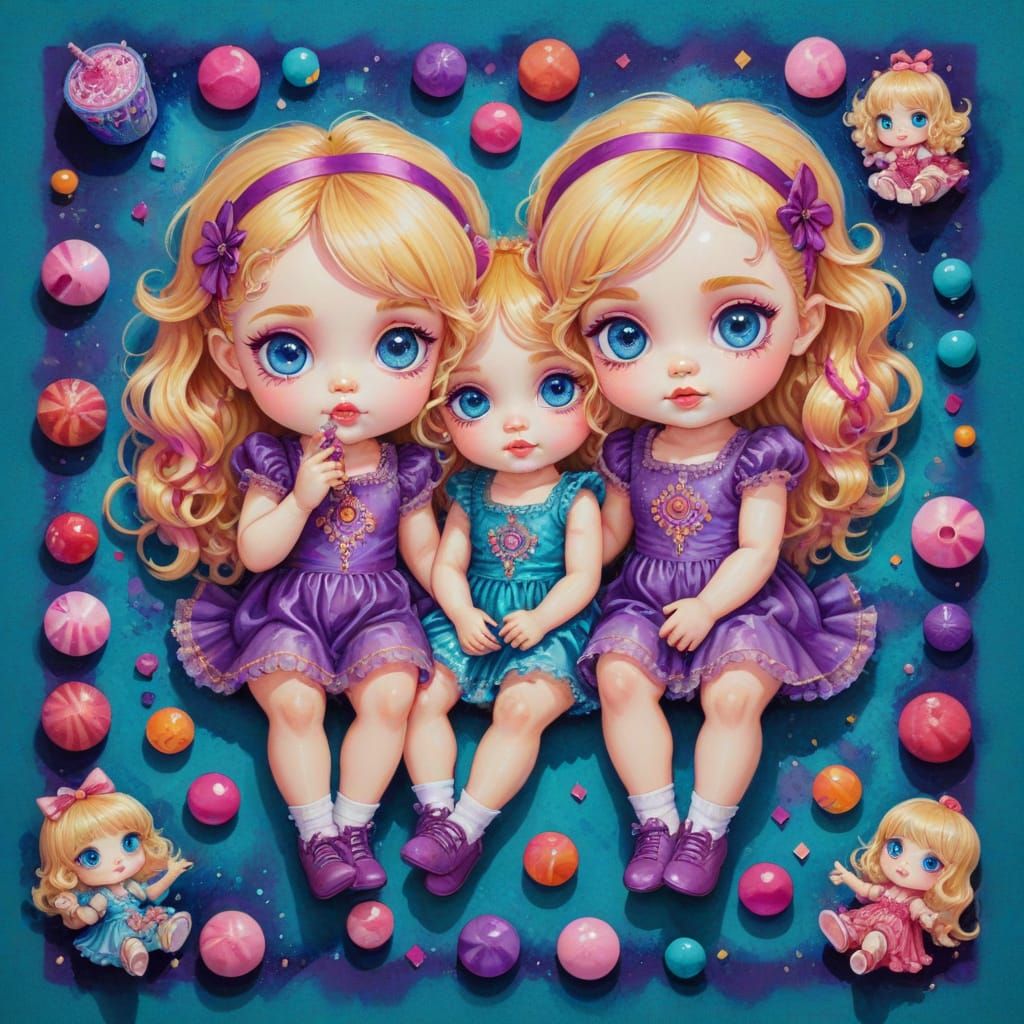 Candy Core Chibi Twin Girls in Gouache Style