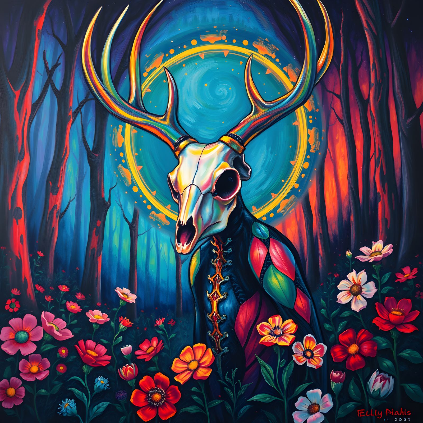 Neo-Impressionist Wendigo in Colorful Forest