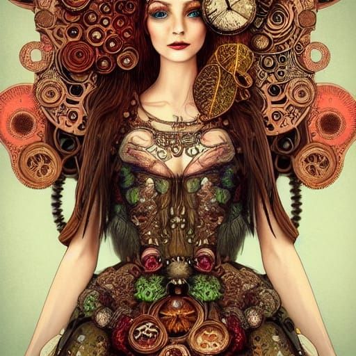 Steampunk Goddess in Psychedelic Dress: Digital Illustration