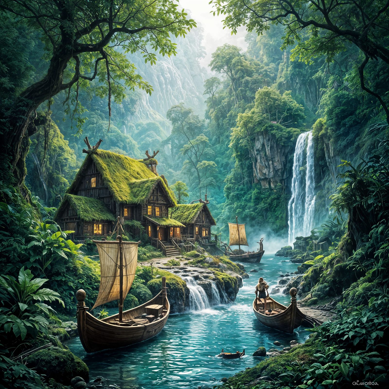 Miniature Viking Village in Lush Jungle with Longships