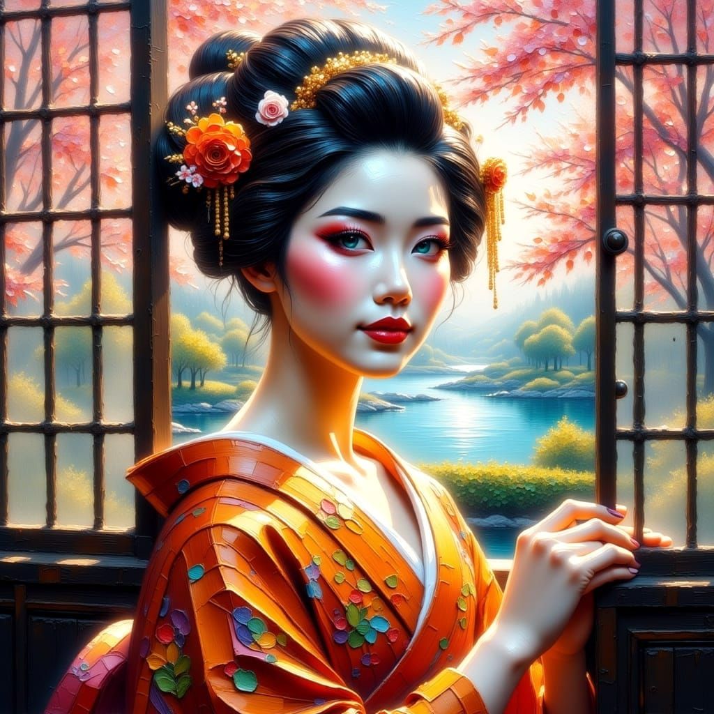 Elegant Geisha in Japanese Garden
