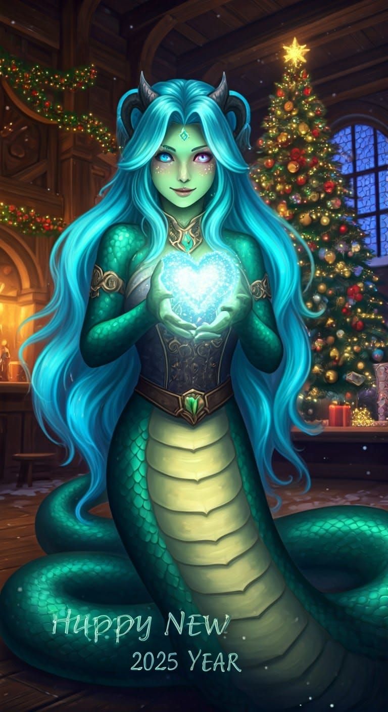 Fantasy Tavern Scene with Snake Woman and Bioluminescent Hai...