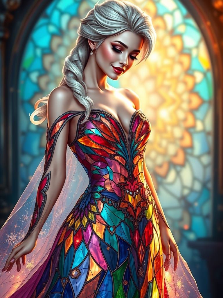 Elsa Princess Portrait in Sparkling Stained Glass Gown