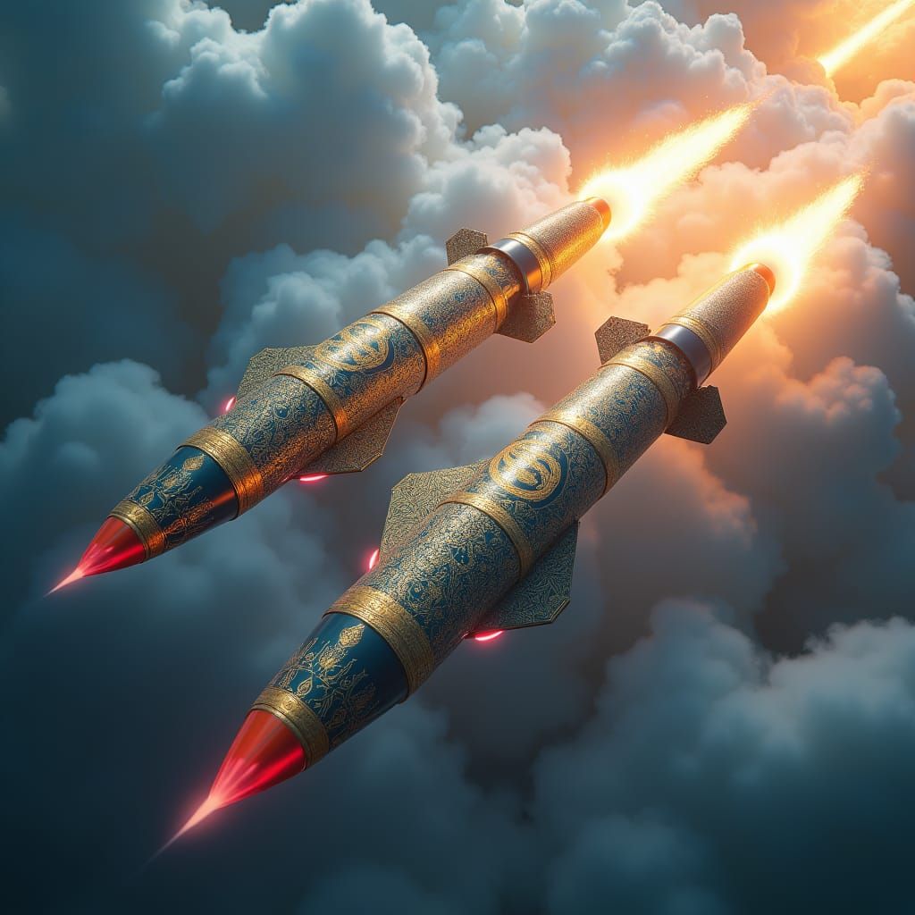 Missiles Ascending Through Iridescent Clouds, Digital Art
