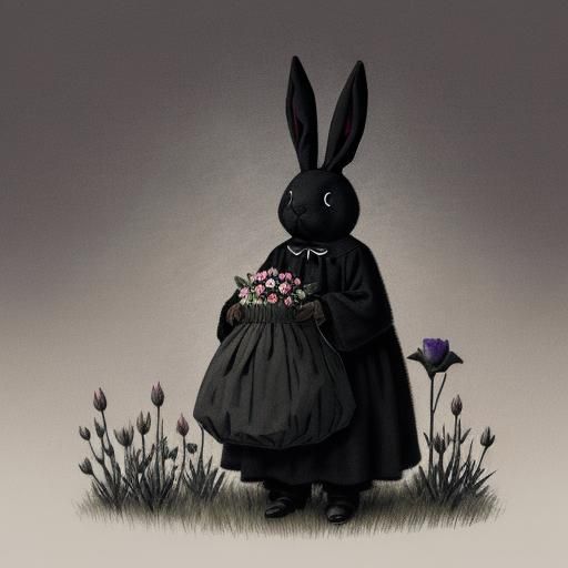 Mysterious Easter Bunny Delivers Flowers: Charcoal Illustrat...