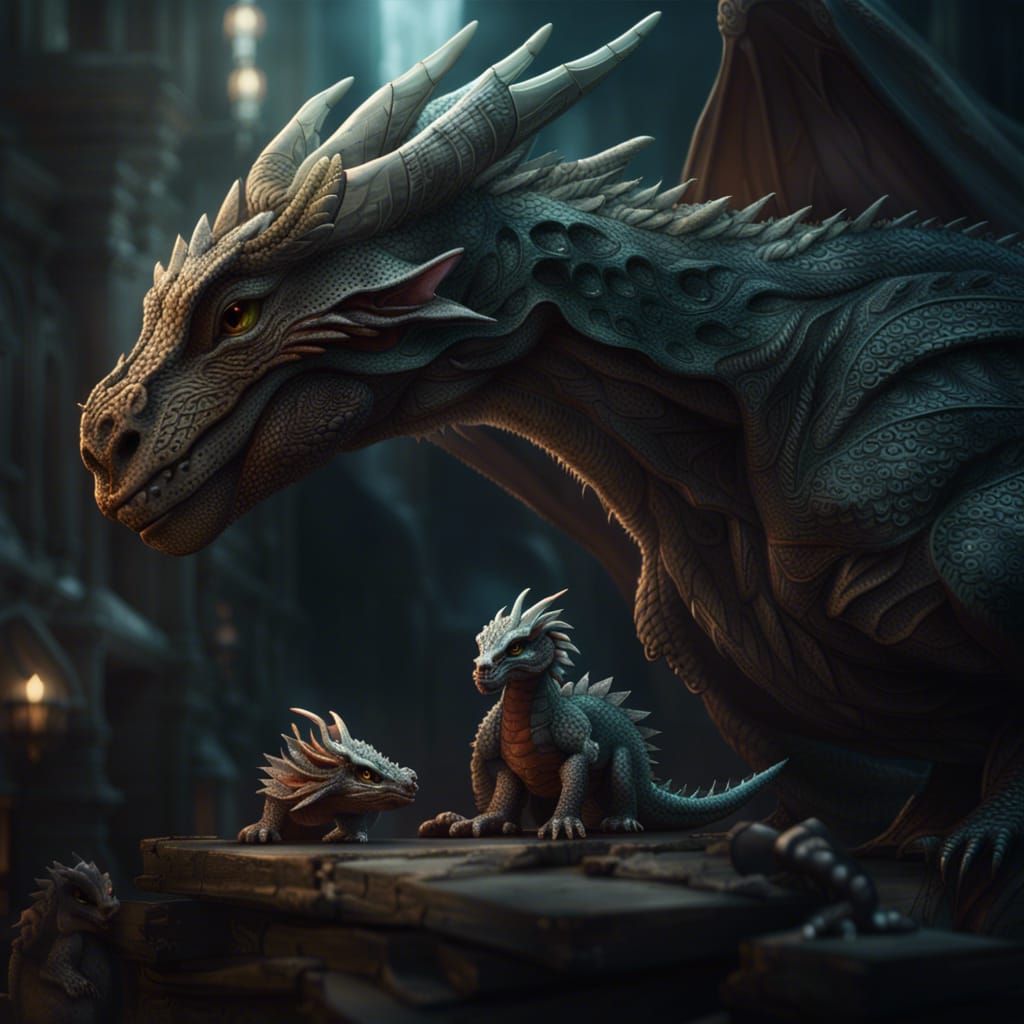 Baby Dragon with Mother: Epic Digital Painting