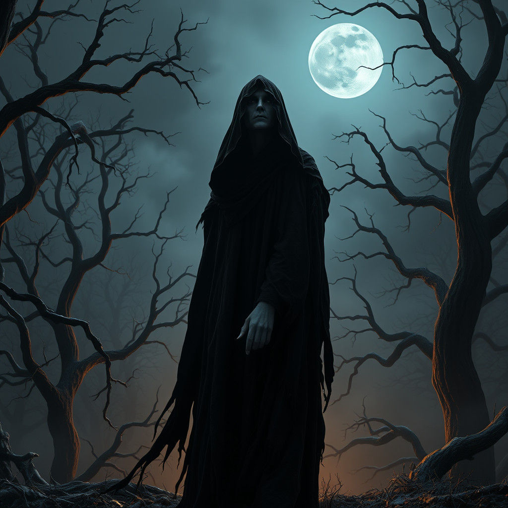 Ominous Witch in Dark Forest: Gothic Horror