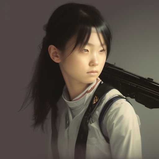 Japanese Girl with Rifle: Hyperdetailed Digital Portrait