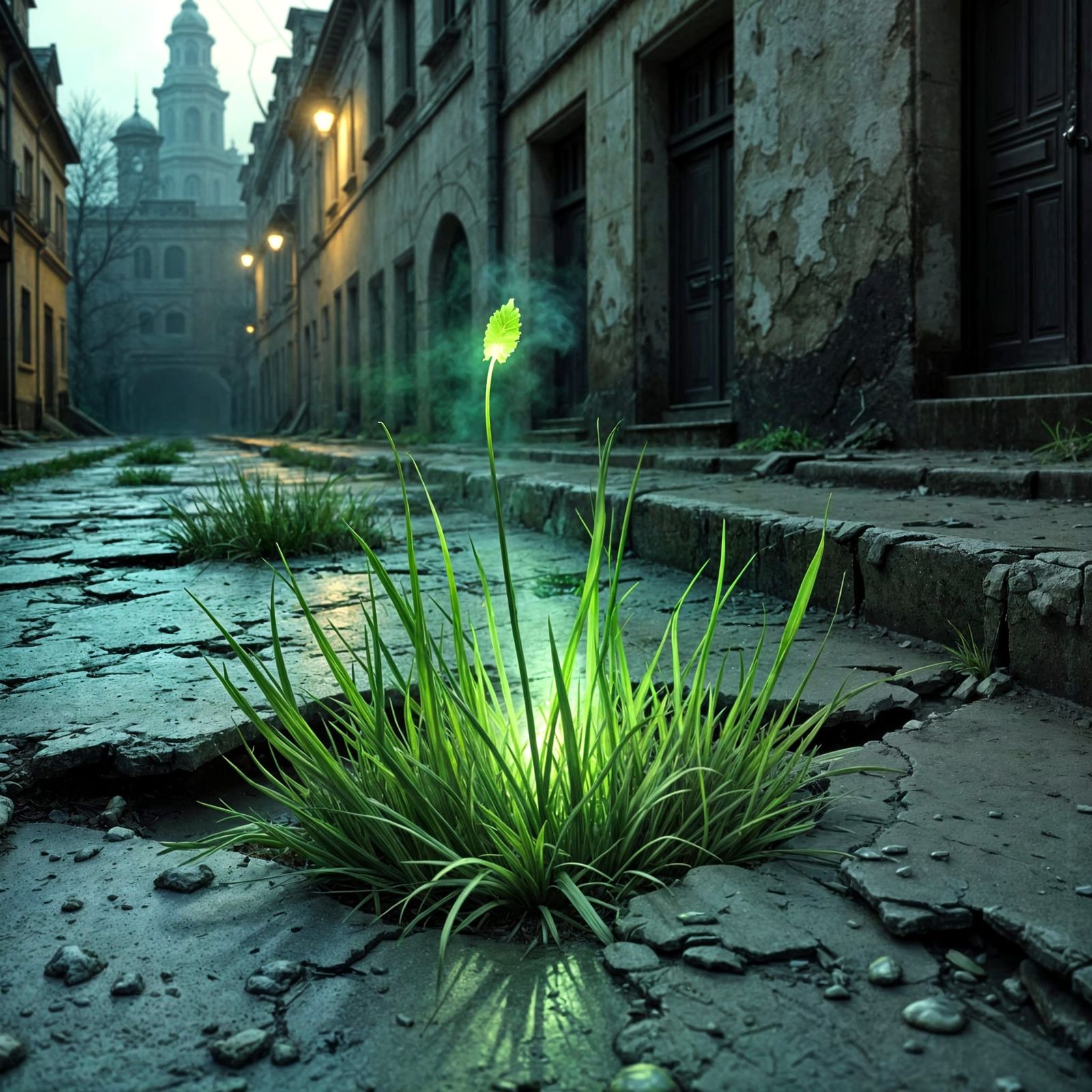 Neon Green Grass in Concrete Decay, Beksiński Style